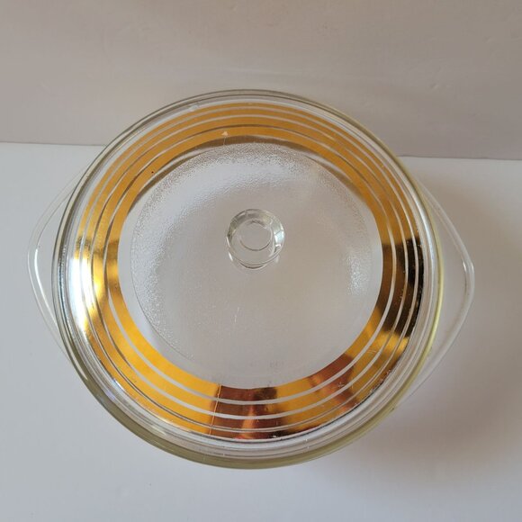 Inlaid Glass Golden Stripe Ovenware Casserole Dish With Lid Vintage Clear Glass - Picture 3 of 8
